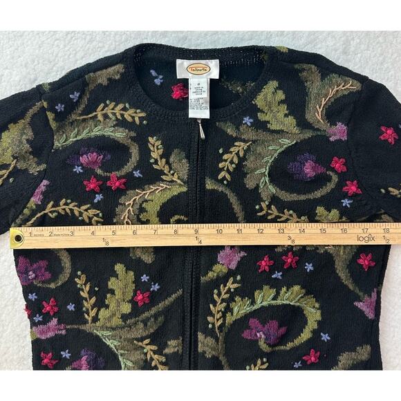 Talbots Sweater Size Small Black Floral Embroidery Grandma Artsy Full Zip - Picture 11 of 14